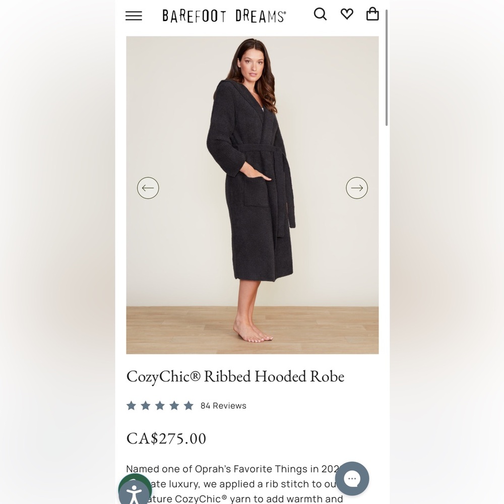Barefoot Dreams CozyChic Ribbed hooded Robe in Carbon Size 2